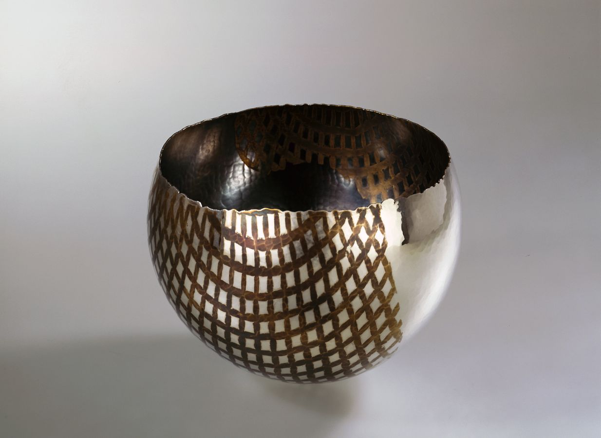 Piece -- materials: silver, patinated silver, brass; dimensions: diameter 20, 14 h cm;